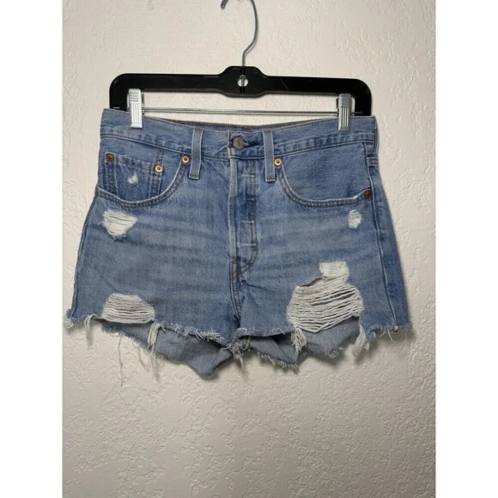 Levi's 501 Distressed Cut Off Denim Shorts Button Fly Blue Size 26